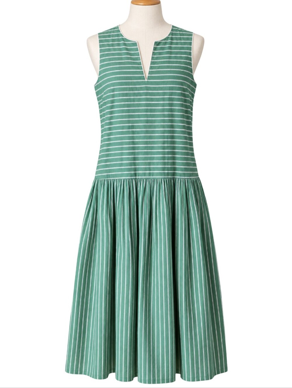 Tuckernuck Green Striped Cotton Midi Dress Sleeveless Split Neck Size M